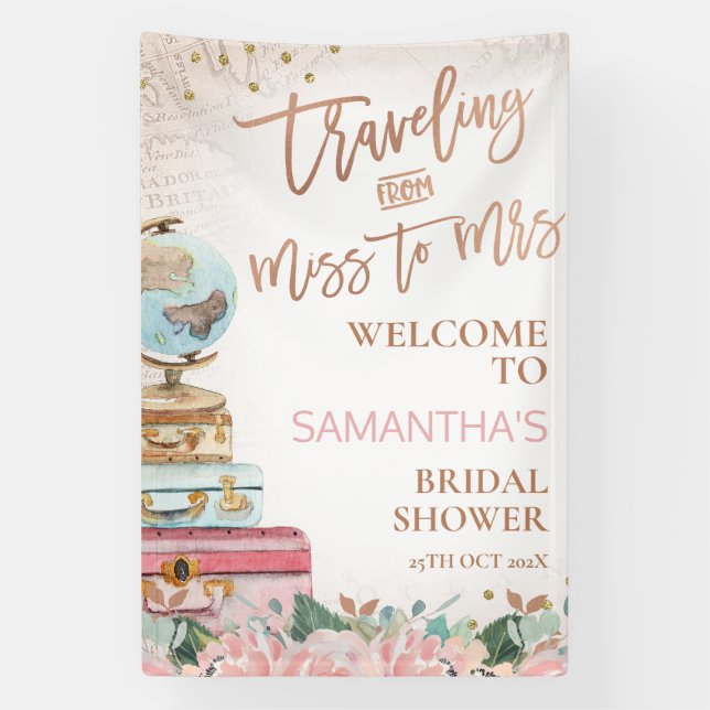 Boho Map Traveling Miss Mrs Bridal Shower Banner (Vertical)