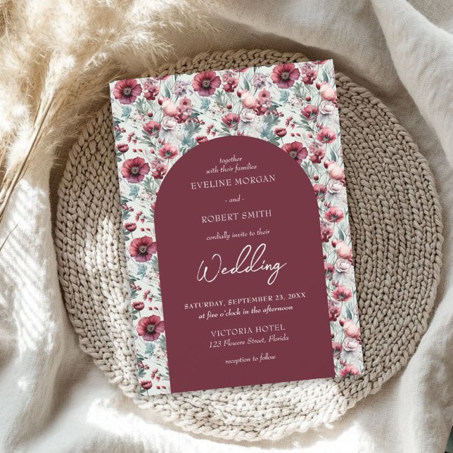 Boho maroon and pink wild flowers arched invitation (Boho maroon and pink wild flowers arched invitation)