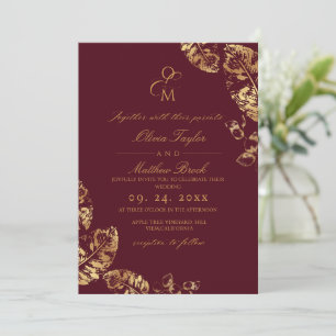 Boho Maroon Autumn Gold Rustic Wedding Invitation