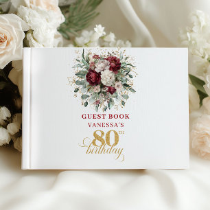 Boho Maroon Floral 80th Birthday Guest Book