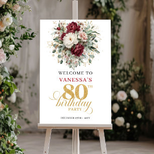 Boho Maroon Floral 80th Birthday Welcome Poster