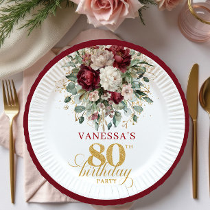 Boho Maroon Floral Gold 80th Birthday Paper Plates