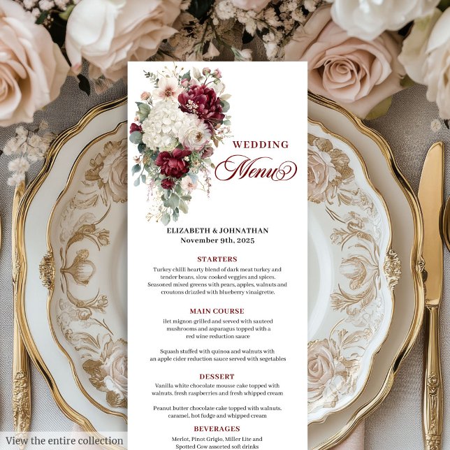 Boho maroon white gold floral wedding menu design (Boho maroon white gold floral wedding menu design

)