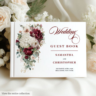 Boho maroon white gold roses wedding guest book