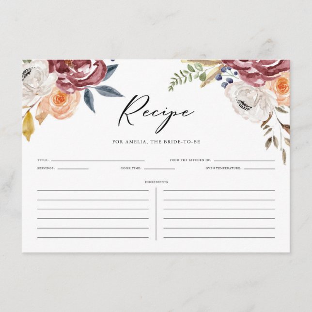 Boho Marsala Autumn Flowers Bridal Shower Recipe Enclosure Card (Front)