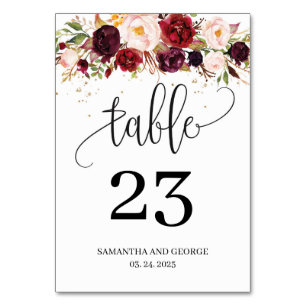 Boho marsala blush pink floral gold wedding table number