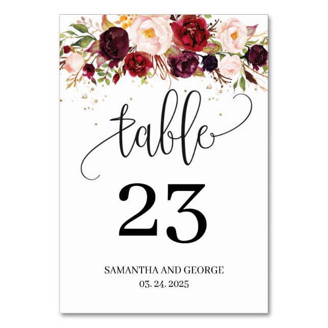 Boho marsala blush pink floral gold wedding table number (Front)