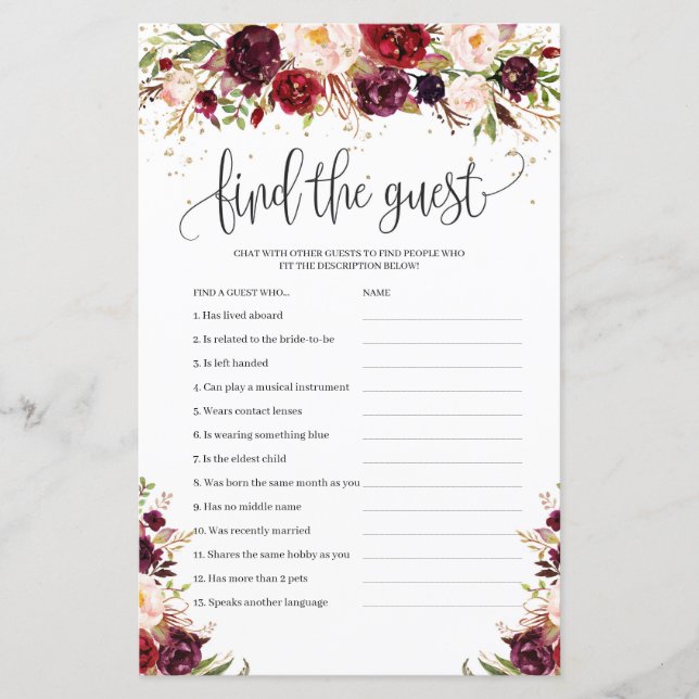 Boho marsala burgundy floral find the guest game (Front)