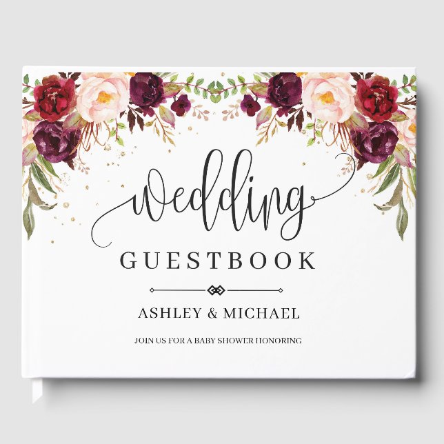 Boho marsala burgundy gold blush floral wedding guest book (Front)