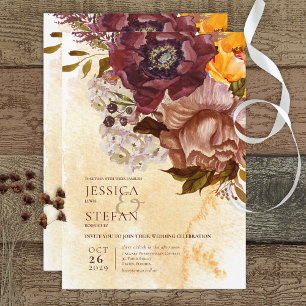 Boho Marsala Clay & Yellow Bouquet Yellow Wedding Invitation