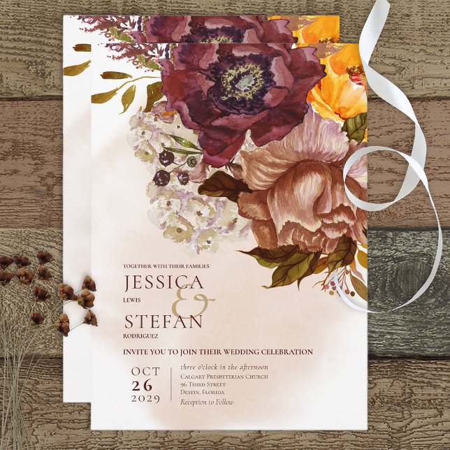 Boho Marsala Clay & Yellow Tan Bouquet Wedding Invitation (Creator Uploaded)