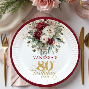 Boho Marsala Floral 80th Birthday Paper Plates