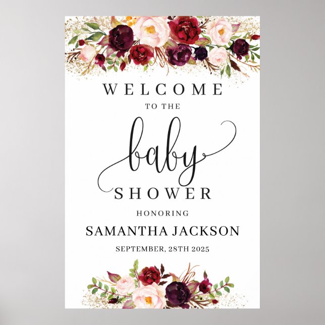 Boho marsala floral baby shower welcome sign (Front)