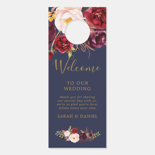 Boho Marsala Floral Wedding Welcome Door Hanger (Back)