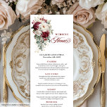 Boho marsala white gold floral wedding menu card<br><div class="desc">✅ For matching items search 208W in my collections ✅ Complete your reception tablescape with this boho wedding menu, featuring watercolor burgundy and white roses with shimmering gold leaves. Designed in a sophisticated palette of burgundy, marsala, maroon, deep red, dark red, crisp white, and metallic gold, this menu combines boho...</div>