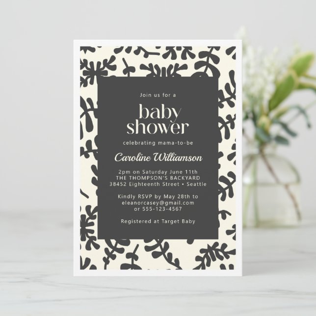 Boho Matisse Botanical Black White Baby Shower  Invitation (Standing Front)