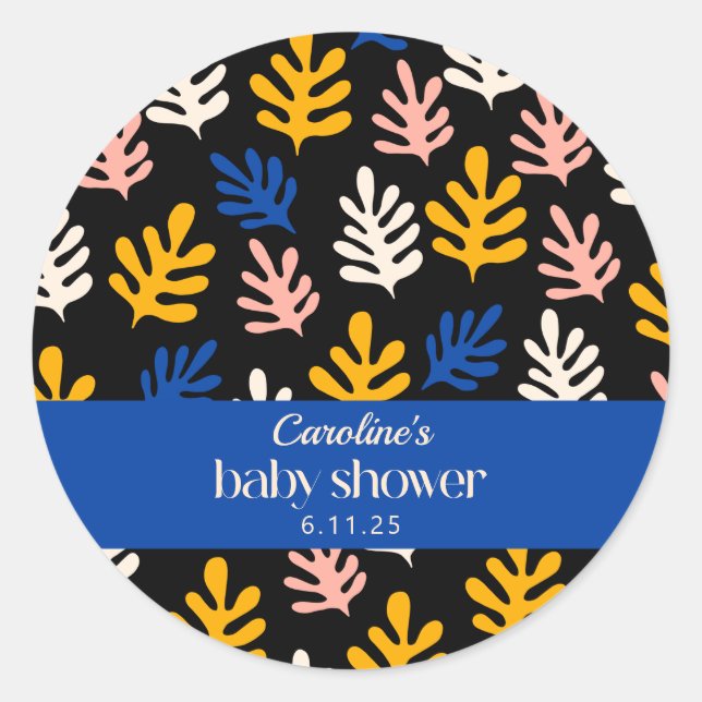 Boho Matisse Botanical Blue Custom Baby Shower Classic Round Sticker (Front)