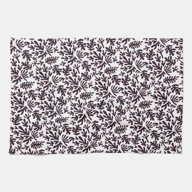 Boho Matisse Botanical Shapes Pattern Black Gray Tea Towel (Horizontal)