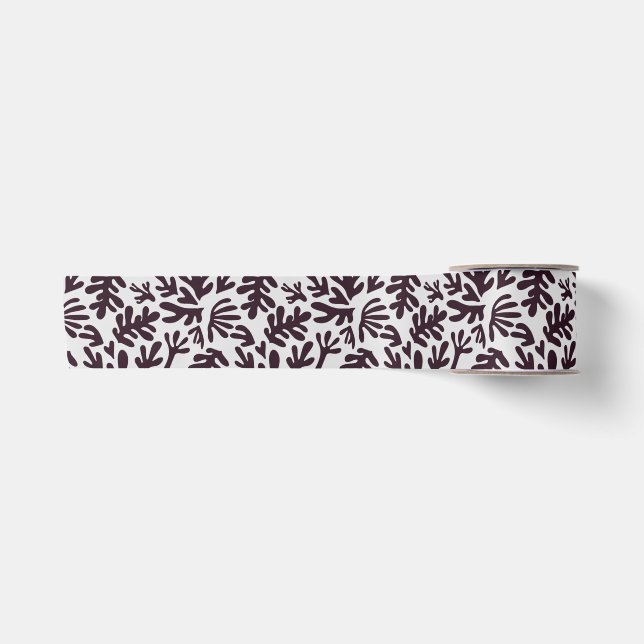 Boho Matisse Botanical Shapes Pattern Black Grey Satin Ribbon (Front)