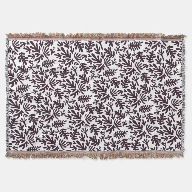Boho Matisse Botanical Shapes Pattern Black Grey Throw Blanket (Front)