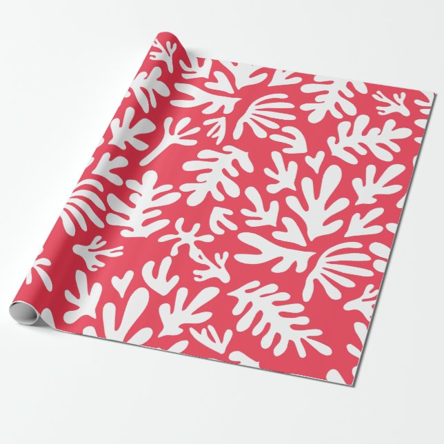 Boho Matisse Botanical Shapes Red Christmas Wrapping Paper (Unrolled)