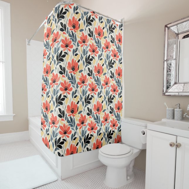 Boho Matisse Flower Retro Print Design Shower Curtain (In Situ)