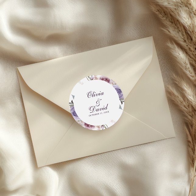 Boho Mauve and Lilac Floral Wedding Classic Round Sticker (Boho Mauve and Lilac Floral Wedding Classic Round Sticker on an elegant envelope.)