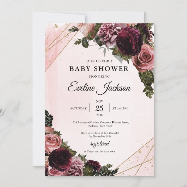 Boho Mauve and maroon flowers gold frame rustic Invitation (Front)
