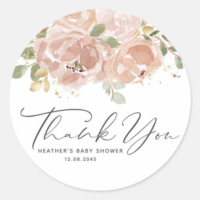 Boho Mauve Peach Flowers Baby Shower Thank You Classic Round Sticker (Front)