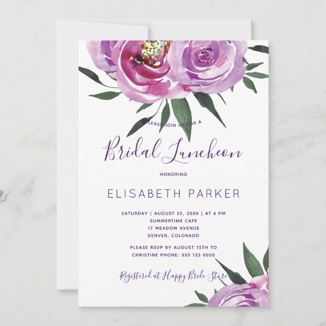 Boho mauve peonies purple plum bridal luncheon invitation (Front)