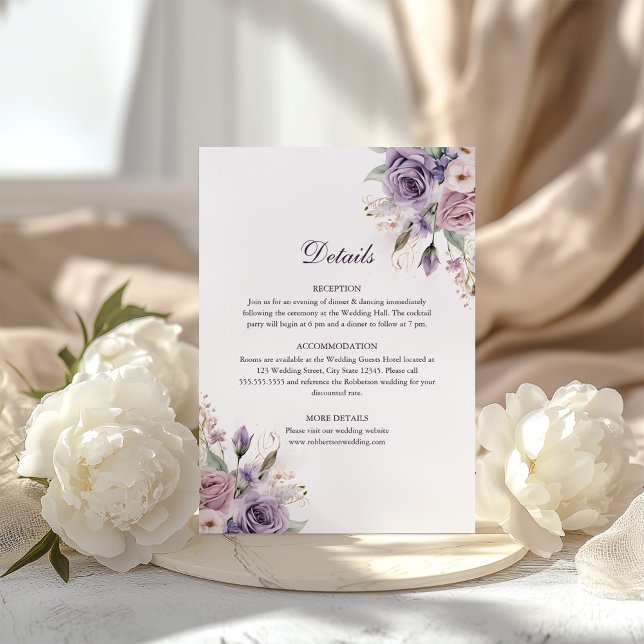 Boho Mave and Lilac Floral Wedding Details Card (Boho Mave and Lilac Floral Wedding Details Card on a boho table with white peonies)