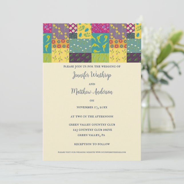 Boho Maximalist Patchwork Quilt Wedding Invitation (Standing Front)