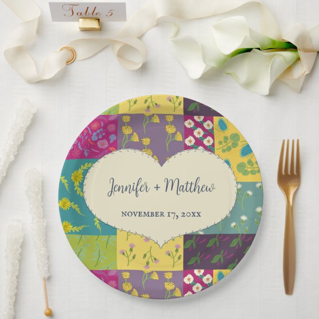 Boho Maximalist Patchwork Quilt Wedding Paper Plate (Wedding)