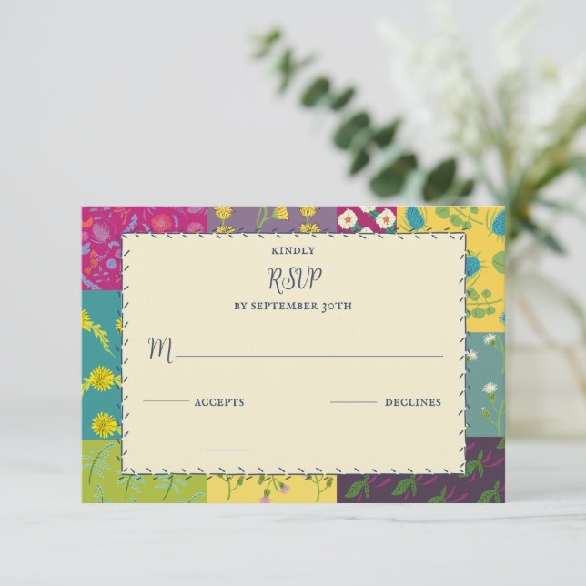 Boho Maximalist Patchwork Quilt Wedding RSVP Card (Standing Front)