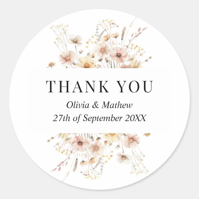 Boho Meadow Beige Wildflowers Wedding Thank You Classic Round Sticker (Front)