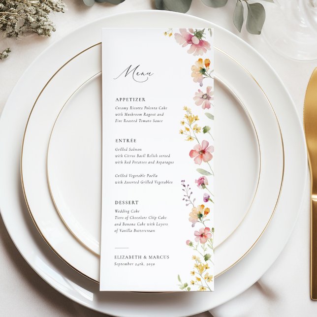 Boho Meadow Wildflower Wedding Menu (Elegant boho meadow wildflower wedding menu with soft pastel florals and refined serif typography)