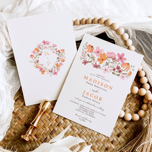 Boho meadow wildflowers initials wedding invitation (Creator Uploaded)
