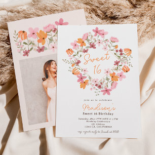 Boho meadow wildflowers photo Sweet 16 Invitation