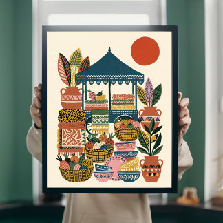 Boho Mediterranean Market Folk Art Pottery Canvas Poster