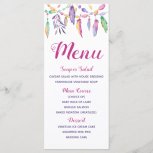 Boho Menu Feathers Indian Watercolor Wedding