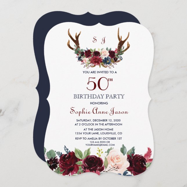 Boho Merlot Navy Blue Floral Antlers 50th Birthday Invitation (Front/Back)