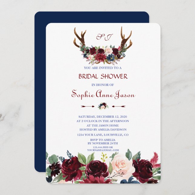 Boho Merlot Navy Blue Floral Antlers Bridal Shower Invitation (Front/Back)