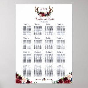 Boho Merlot Navy Blue Floral Antlers Seating Chart