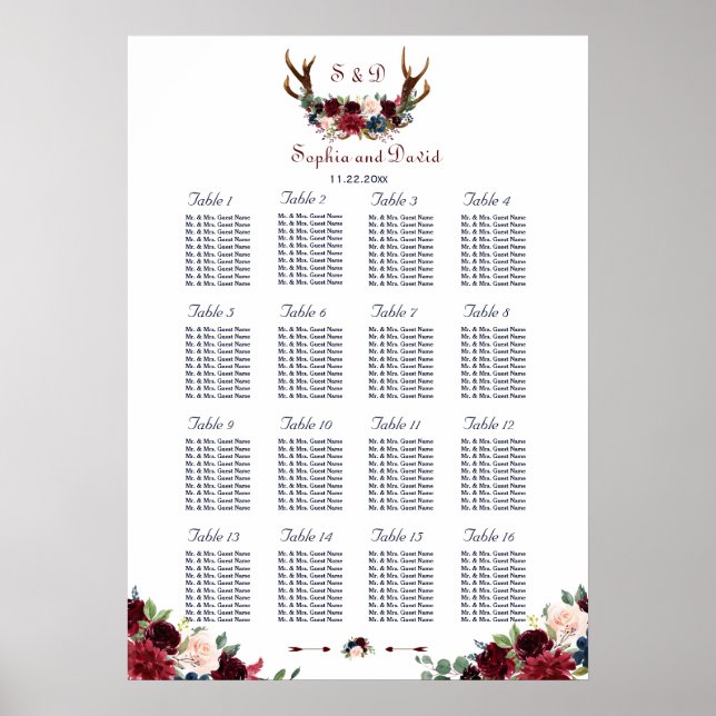 Boho Merlot Navy Blue Floral Antlers Seating Chart (Front)