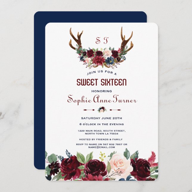 Boho Merlot Navy Blue Floral Antlers Sweet 16 Invitation (Front/Back)