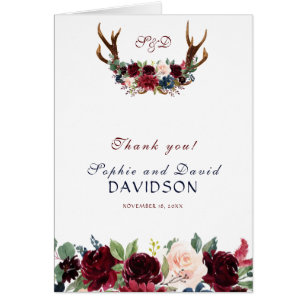 Boho Merlot Navy Blue Floral Antlers Thank you