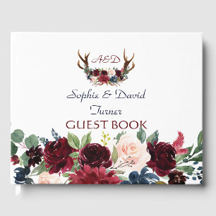 Boho Merlot Navy Blue Floral Antlers Wedding Guest Book