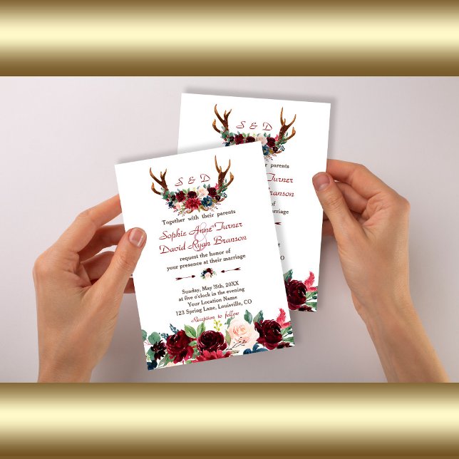 Boho Merlot Navy Blue Floral Antlers Wedding Invitation (Creator Uploaded)