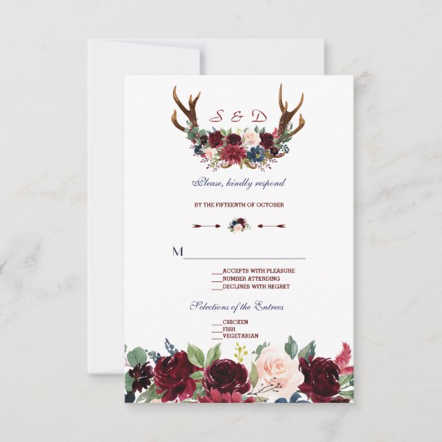 Boho Merlot Navy Blue Floral Antlers Wedding RSVP (Front)