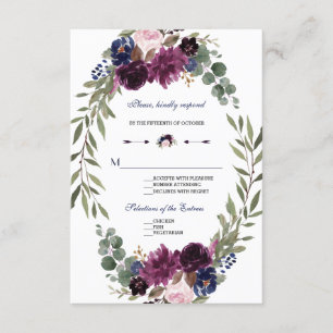 Boho Merlot Navy Blue Floral Antlers Wedding RSVP
